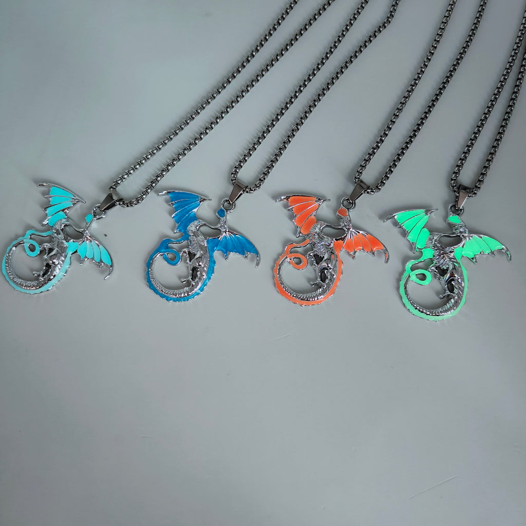 Glow in the dark flying dragon alloy necklaces in four colours