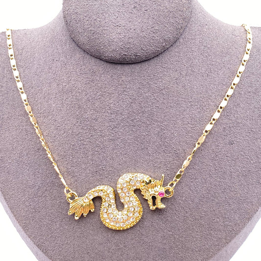 Red and White Jewelled Gold Dragon Serpent pendant and chain