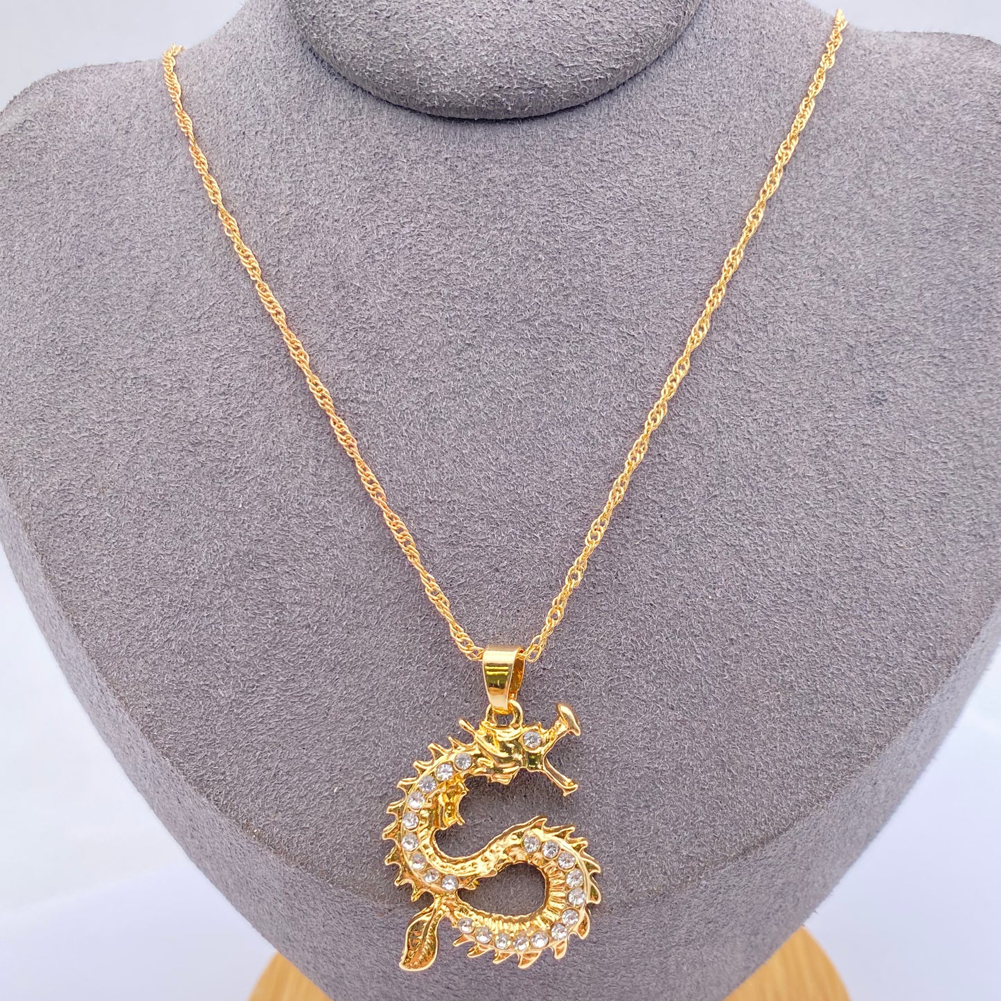 White Jewelled Gold Dragon Serpent pendant and chain