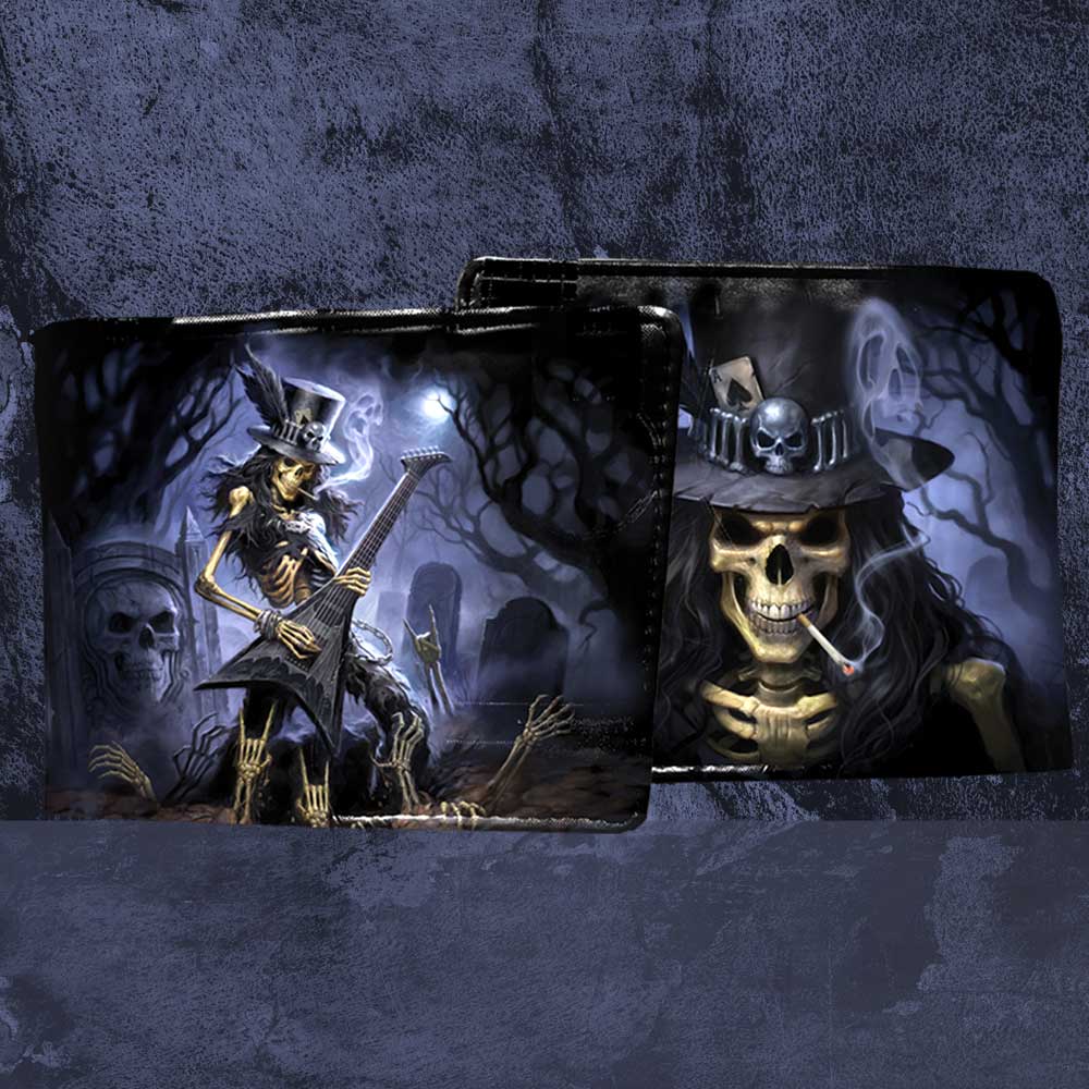 James Ryman Play Dead skeleton guitar wallet displayed in a dark gothic lifestyle setting