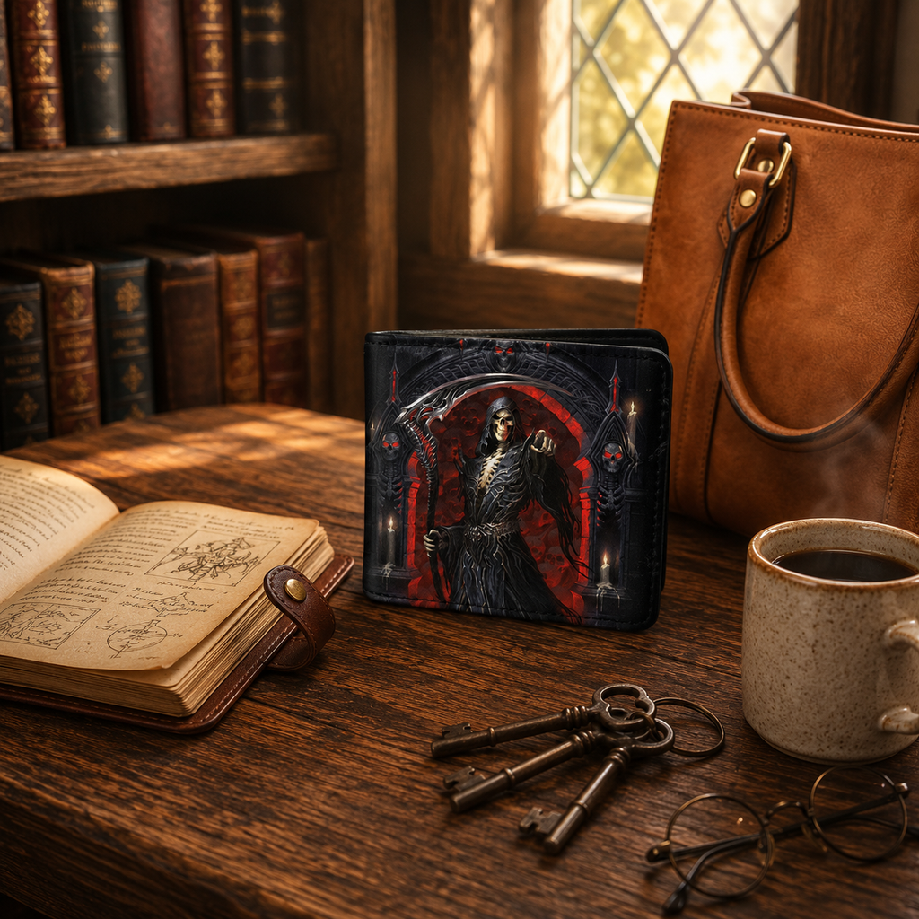 James Ryman reaper artwork wallet displayed on a rustic wooden desk in a warm fantasy traveller's study.