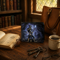 James Ryman skeleton guitarist artwork wallet displayed on a rustic wooden desk in a warm fantasy traveller's study.