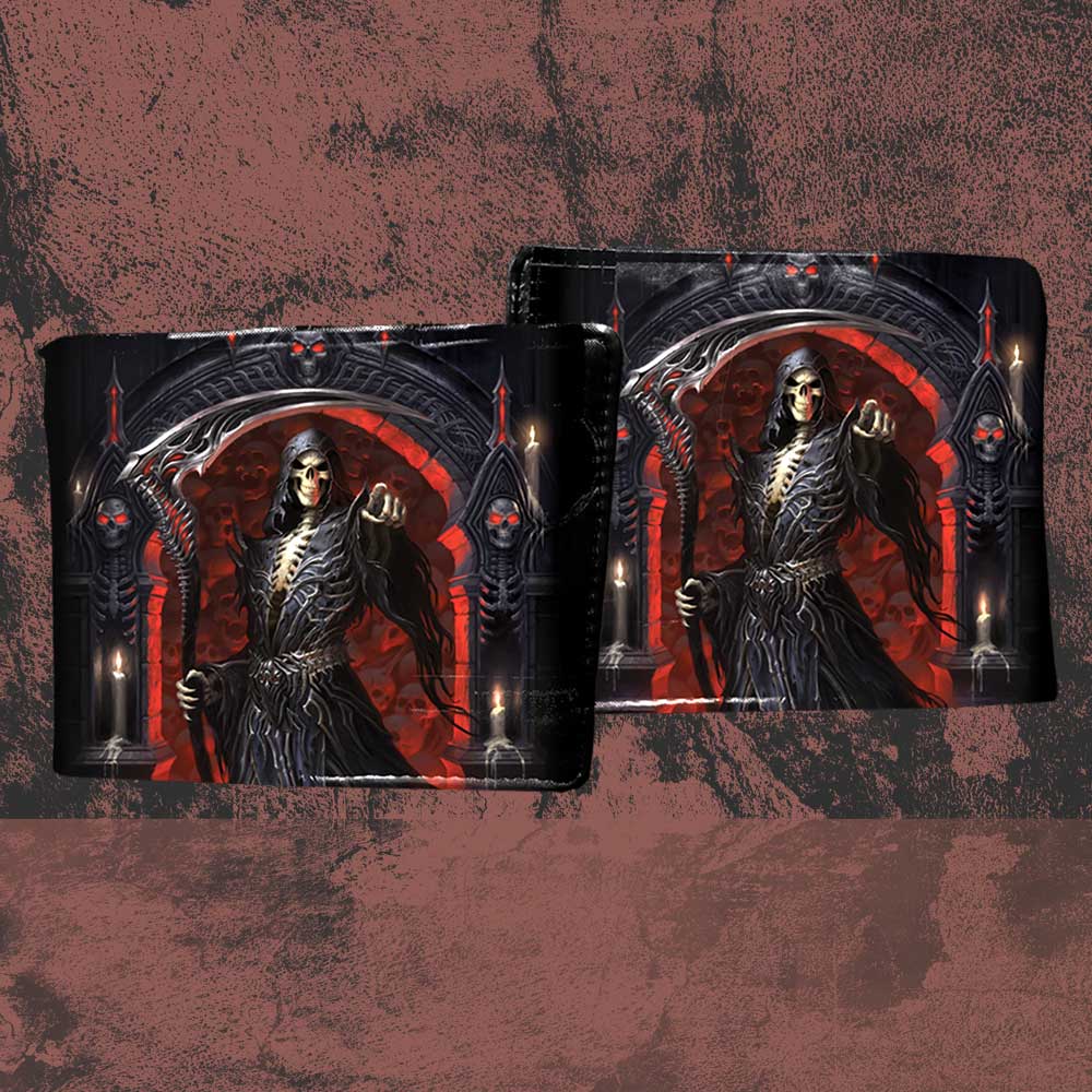 James Ryman You're Next Grim Reaper wallet displayed in a dark gothic lifestyle setting