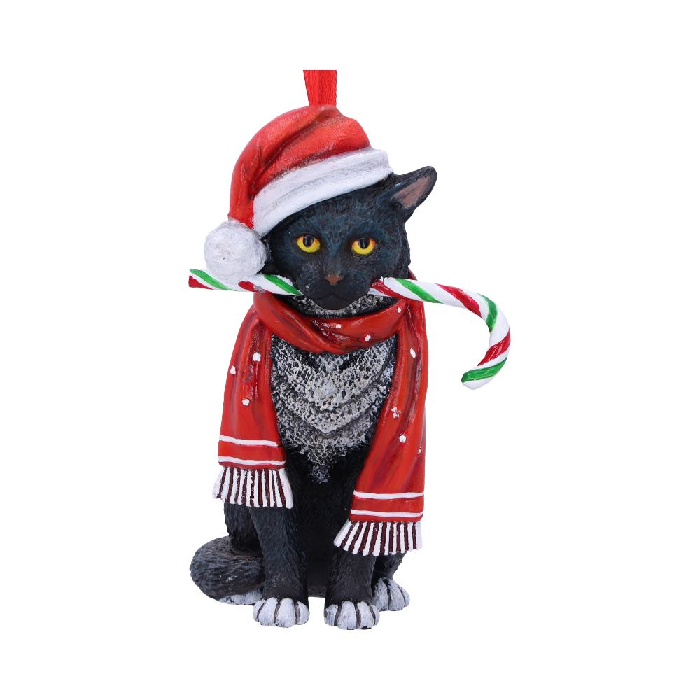 Lisa Parker Candy Cane Cat 9cm hanging ornament with black cat wearing Santa hat and scarf