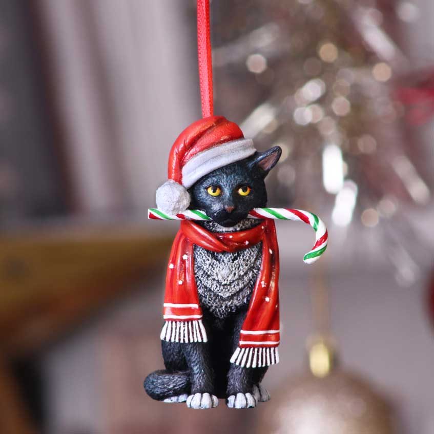 Lisa Parker Candy Cane Cat hanging ornament displayed in the DragonZone collector setting