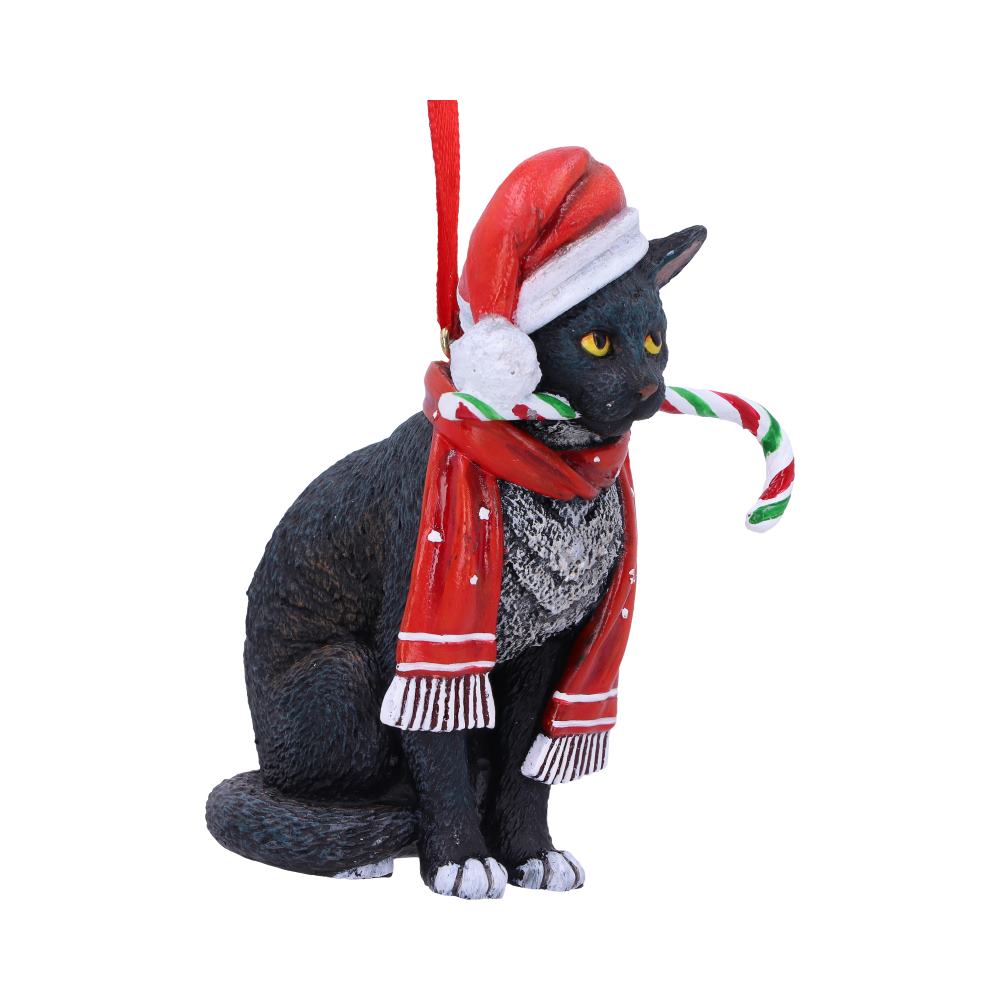 Angled view of Lisa Parker Candy Cane Cat ornament holding a striped candy cane