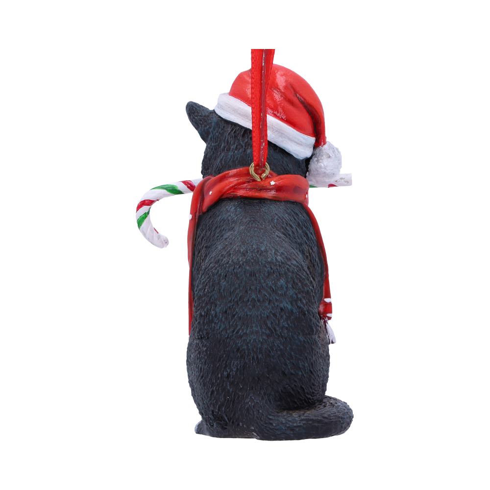 Back view of Lisa Parker Candy Cane Cat hanging ornament