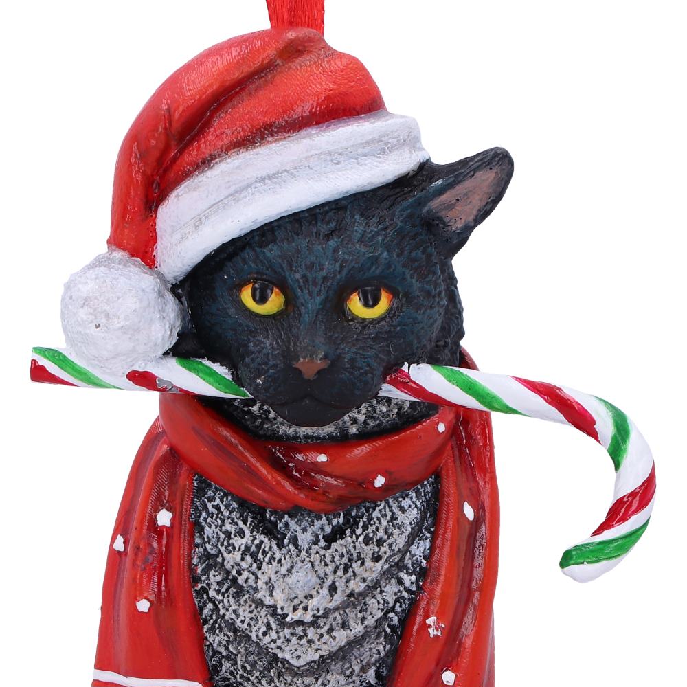 Close-up of hand-painted Lisa Parker Candy Cane Cat Christmas ornament