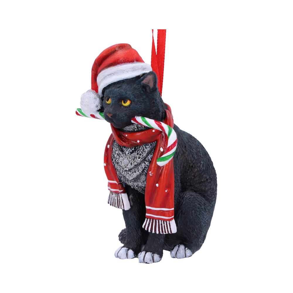 Side view of Lisa Parker Candy Cane Cat Christmas hanging ornament