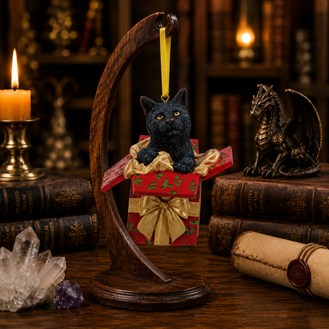 Lisa Parker black cat gift box Christmas ornament displayed on a wooden stand in a warm fantasy collector's study.