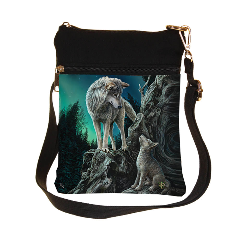 Lisa Parker Guidance 23cm shoulder bag featuring an adult wolf and wolf pup beneath the aurora