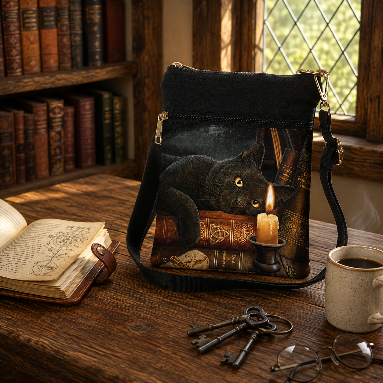 Lisa Parker black cat shoulder bag featuring books and candle artwork displayed in a fantasy traveller's study.