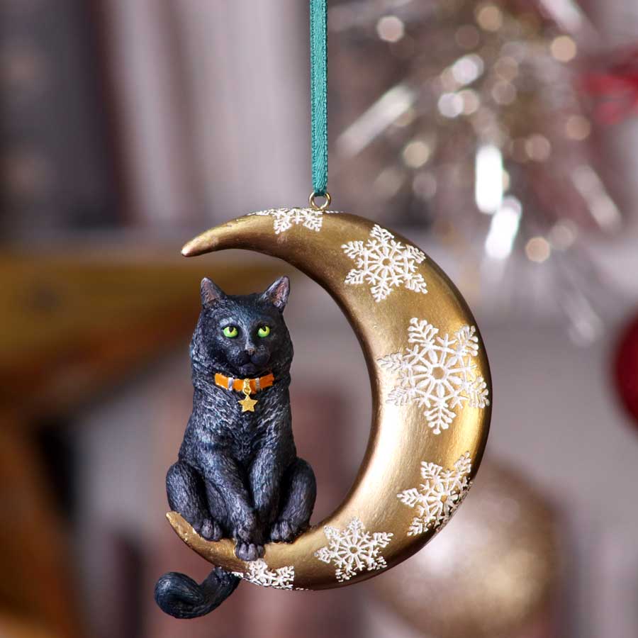 Lisa Parker Moon Cat ornament hanging as a festive Christmas decoration