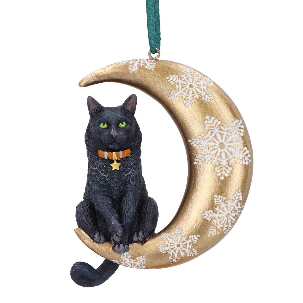 Lisa Parker Moon Cat 9cm hanging ornament featuring a black cat sitting on a golden crescent moon