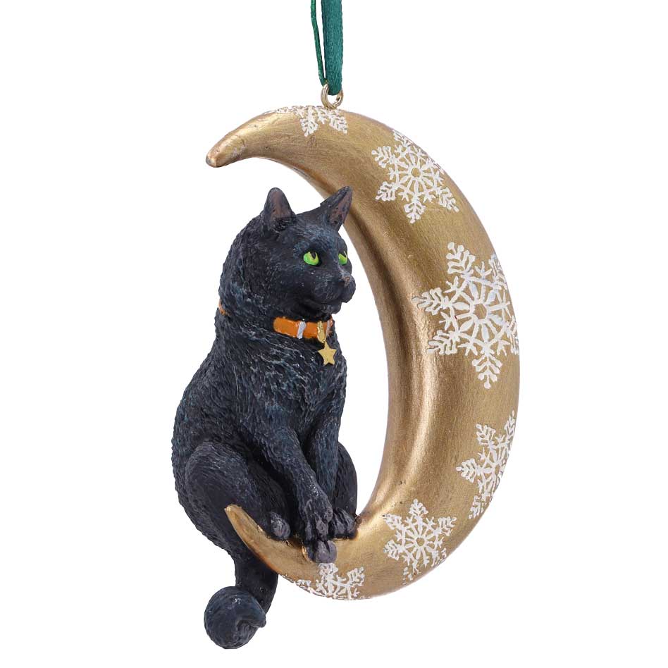 Side view of Lisa Parker Moon Cat hanging ornament with golden crescent moon