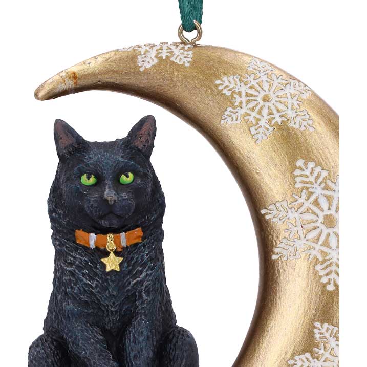 Close-up of Lisa Parker Moon Cat ornament showing green eyes and golden star collar