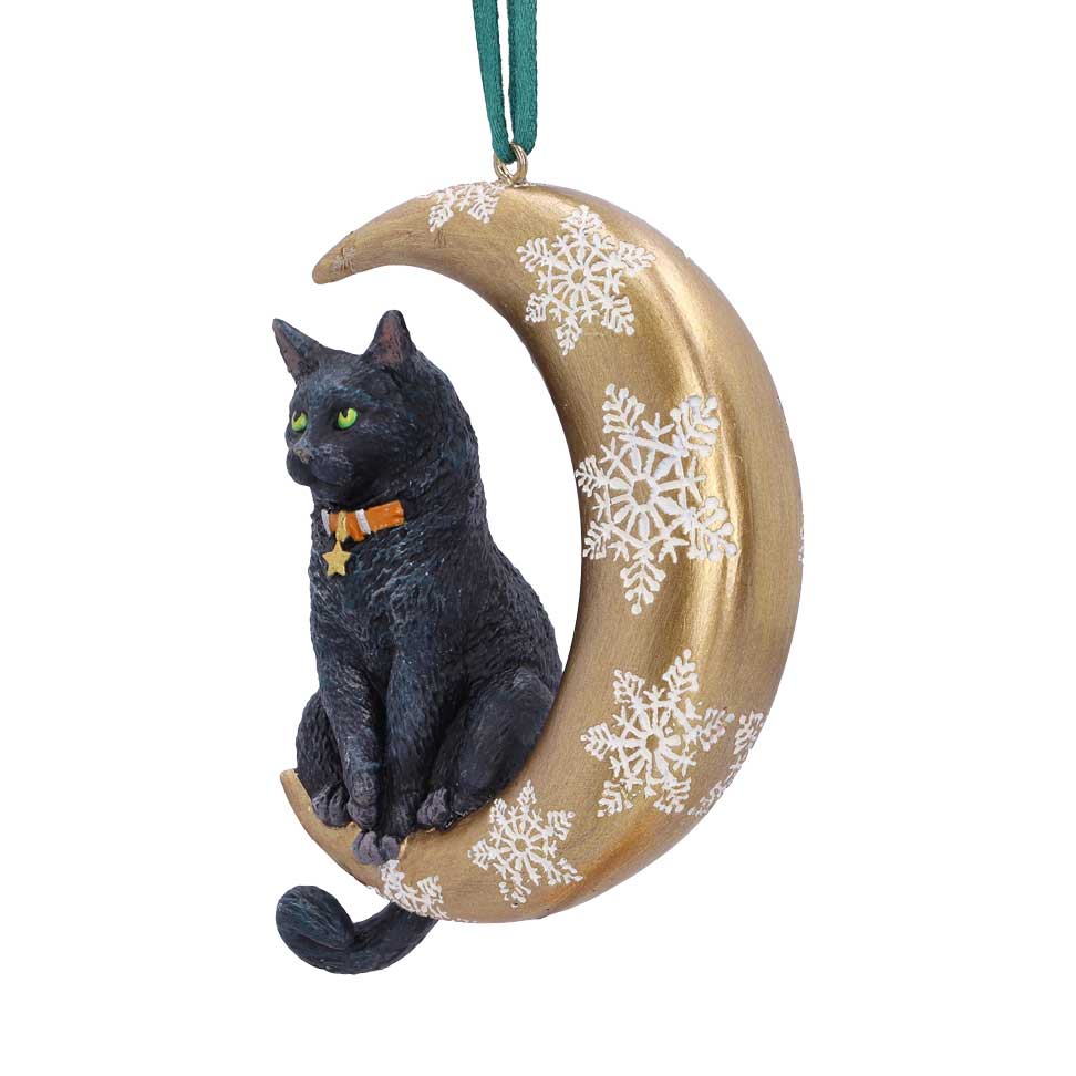 Angled view of Lisa Parker Moon Cat ornament with black cat and snowflake crescent moon