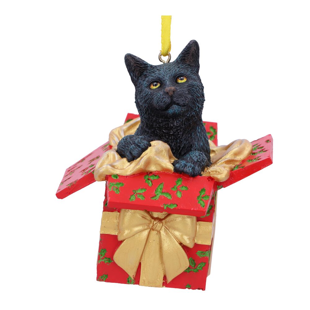 Lisa Parker Present Cat 9cm hanging ornament with black cat inside a Christmas gift box