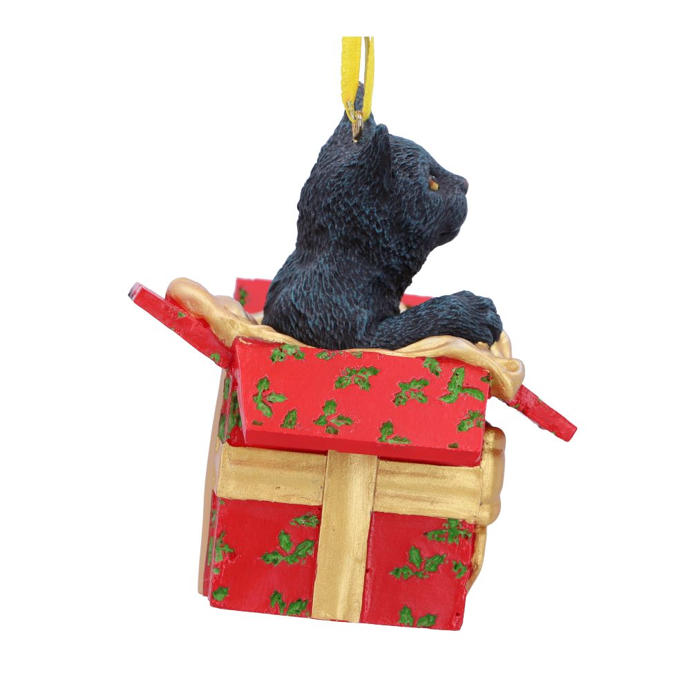 Side view of Lisa Parker Present Cat hanging ornament in red and gold gift box