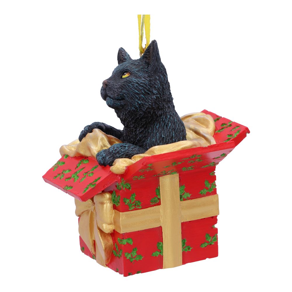 Angled view of Lisa Parker Present Cat Christmas hanging ornament