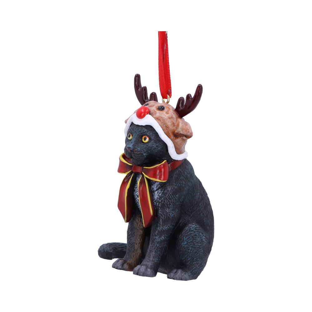 Lisa Parker Reindeer Cat ornament hanging as a festive Christmas decoration