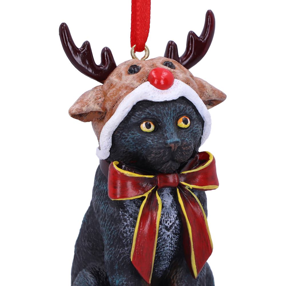 Close-up of hand-painted Lisa Parker Reindeer Cat ornament