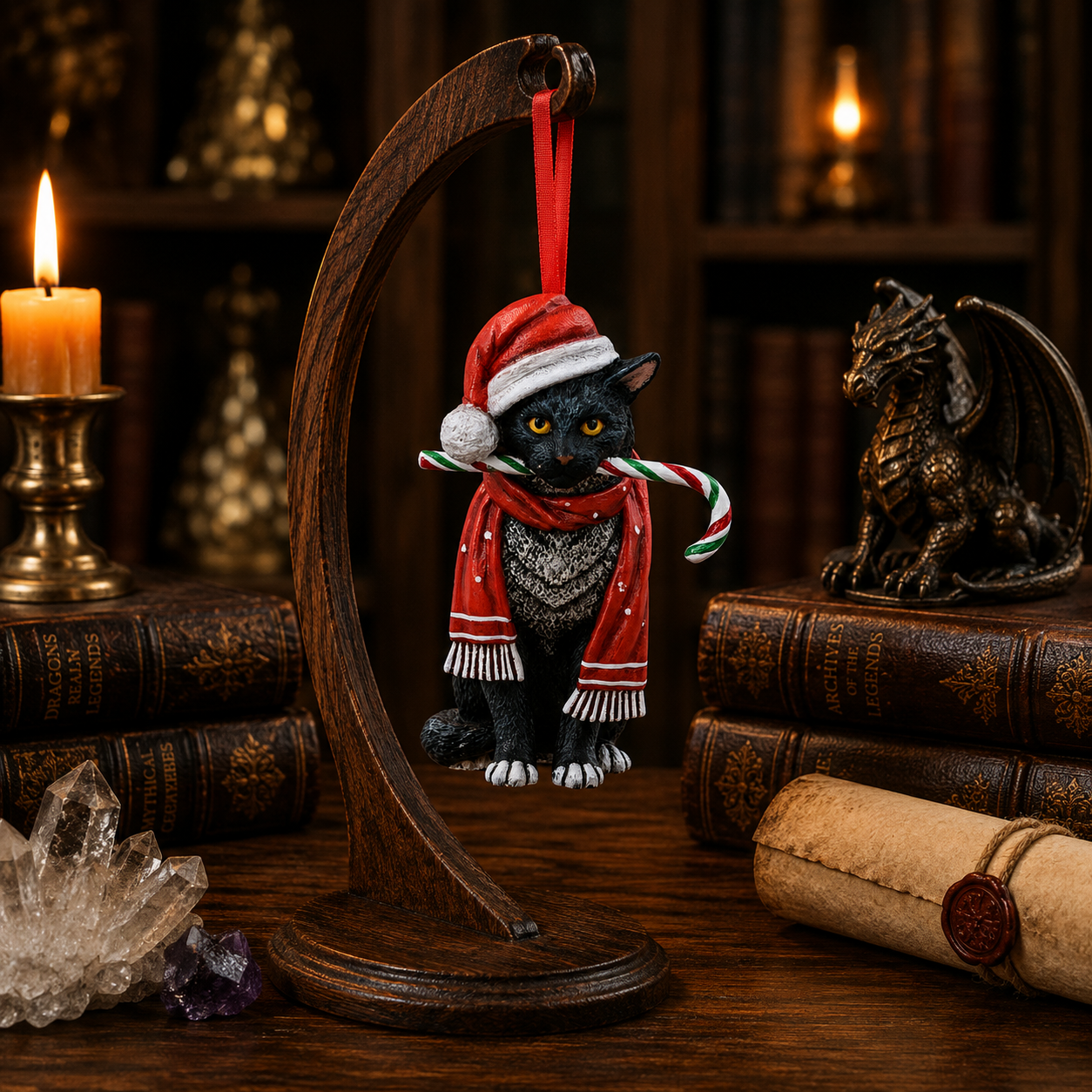 Lisa Parker black cat Santa ornament with candy cane displayed on a wooden stand in a candlelit fantasy collector's study.