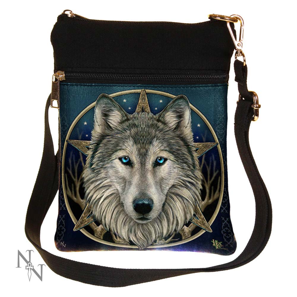 Lisa Parker Wild One 23cm shoulder bag featuring a blue-eyed wolf and mystical pentagram design