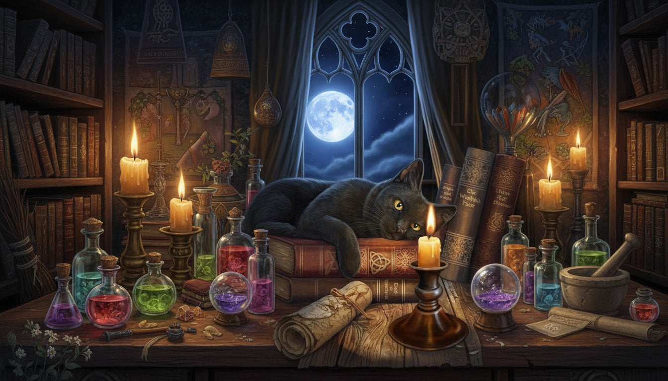 fantasy witchcraft study with black cat spellbooks potions and moonlight inspired by lisa parker art