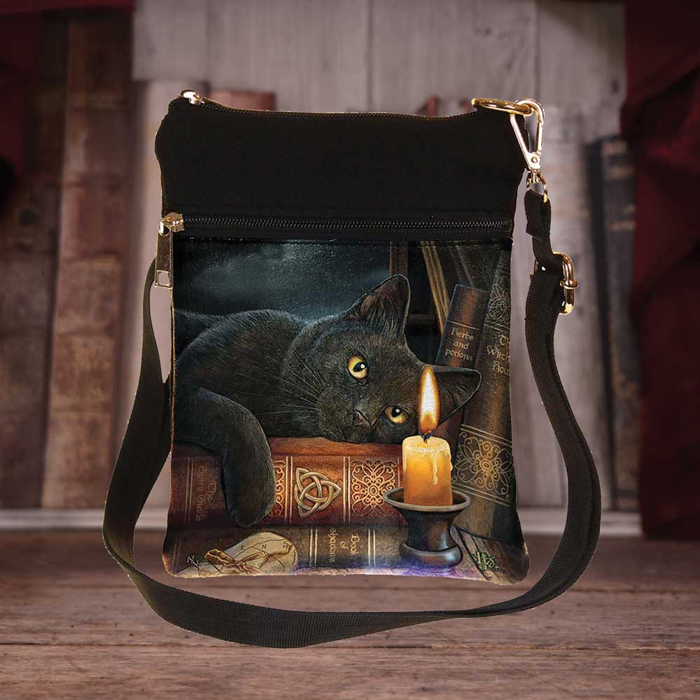 Lisa Parker The Witching Hour black cat shoulder bag displayed in a fantasy library setting