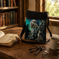 Lisa Parker wolf and pup shoulder bag displayed on a rustic wooden desk in a warm fantasy traveller's study.