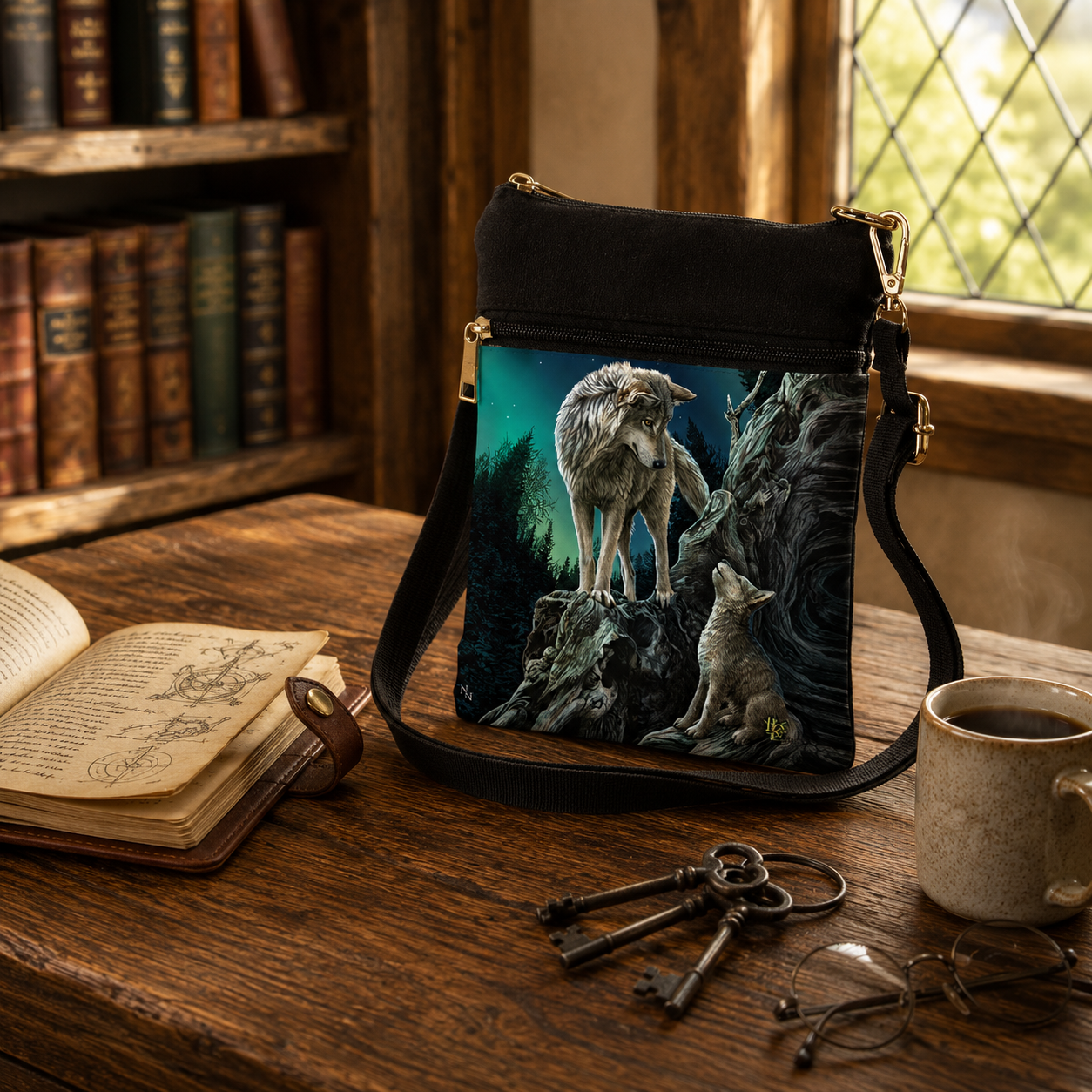 Lisa Parker wolf and pup shoulder bag displayed on a rustic wooden desk in a warm fantasy traveller's study.