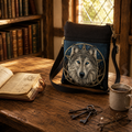 Lisa Parker wolf compass shoulder bag displayed on a rustic wooden desk in a warm fantasy traveller's study.