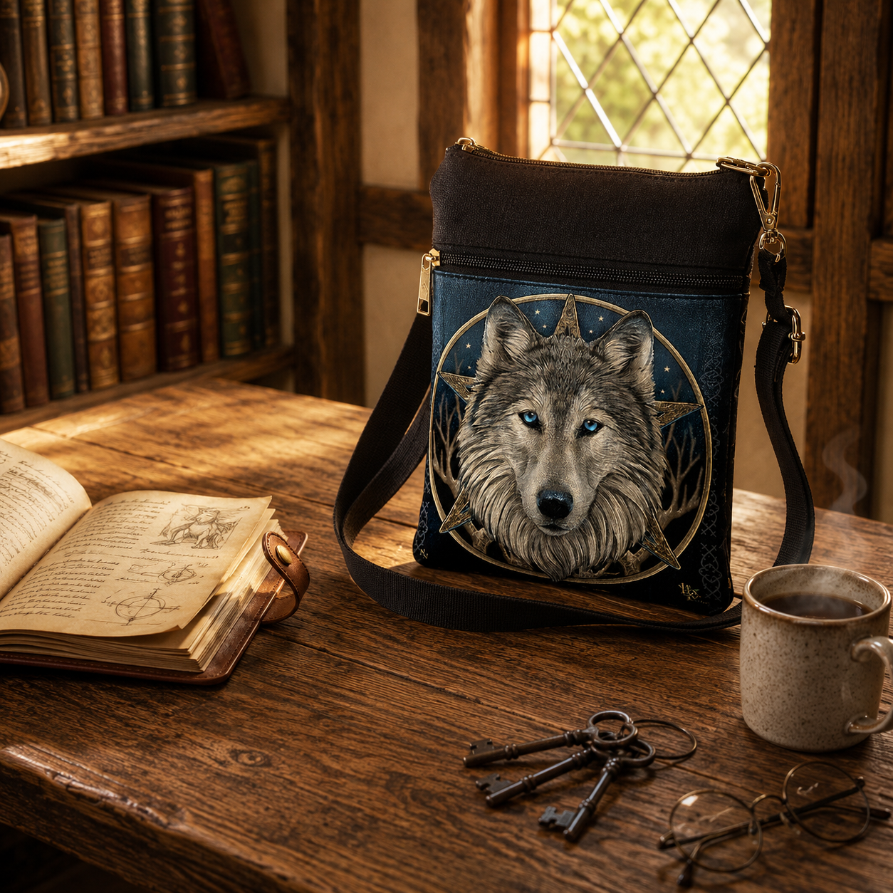 Lisa Parker wolf compass shoulder bag displayed on a rustic wooden desk in a warm fantasy traveller's study.