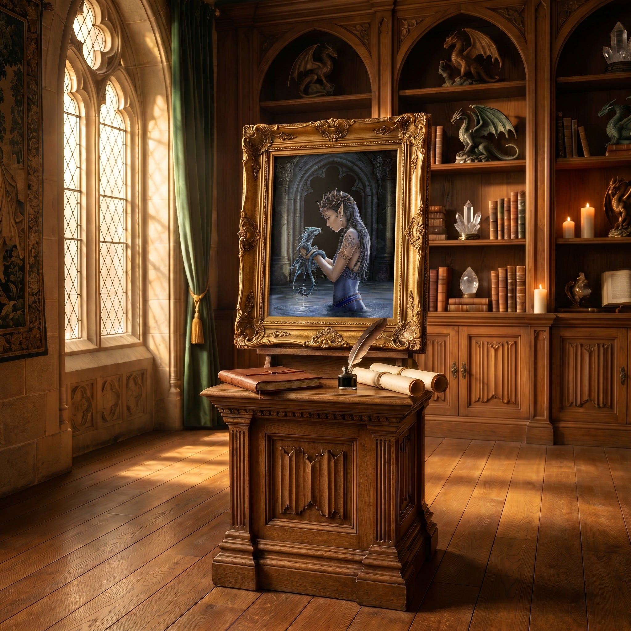 Fantasy gallery display featuring the enchanting dragon artwork of renowned fantasy artist Anne Stokes.