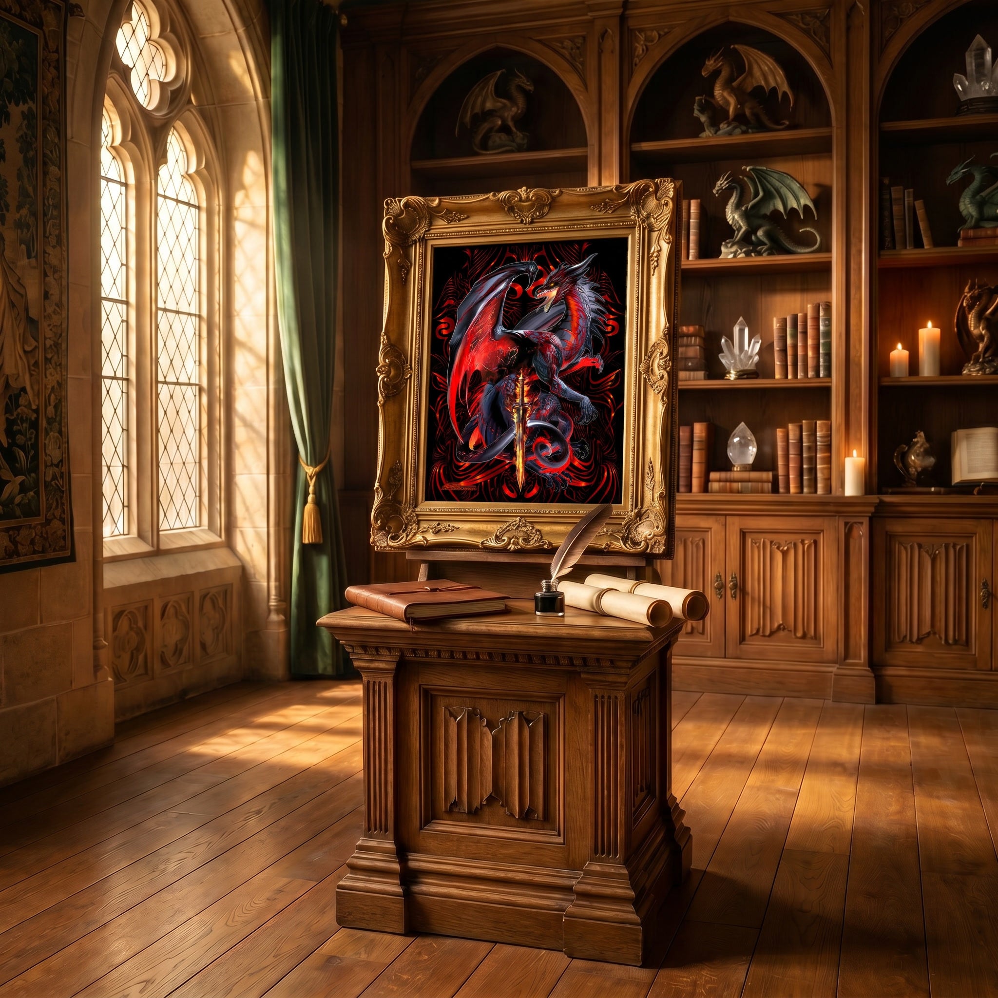 Fantasy gallery display featuring the graceful dragon artwork of renowned fantasy artist Ruth Thompson.