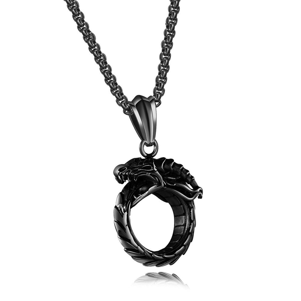 Black stainless steel Ouroboros dragon eating its tail pendant
