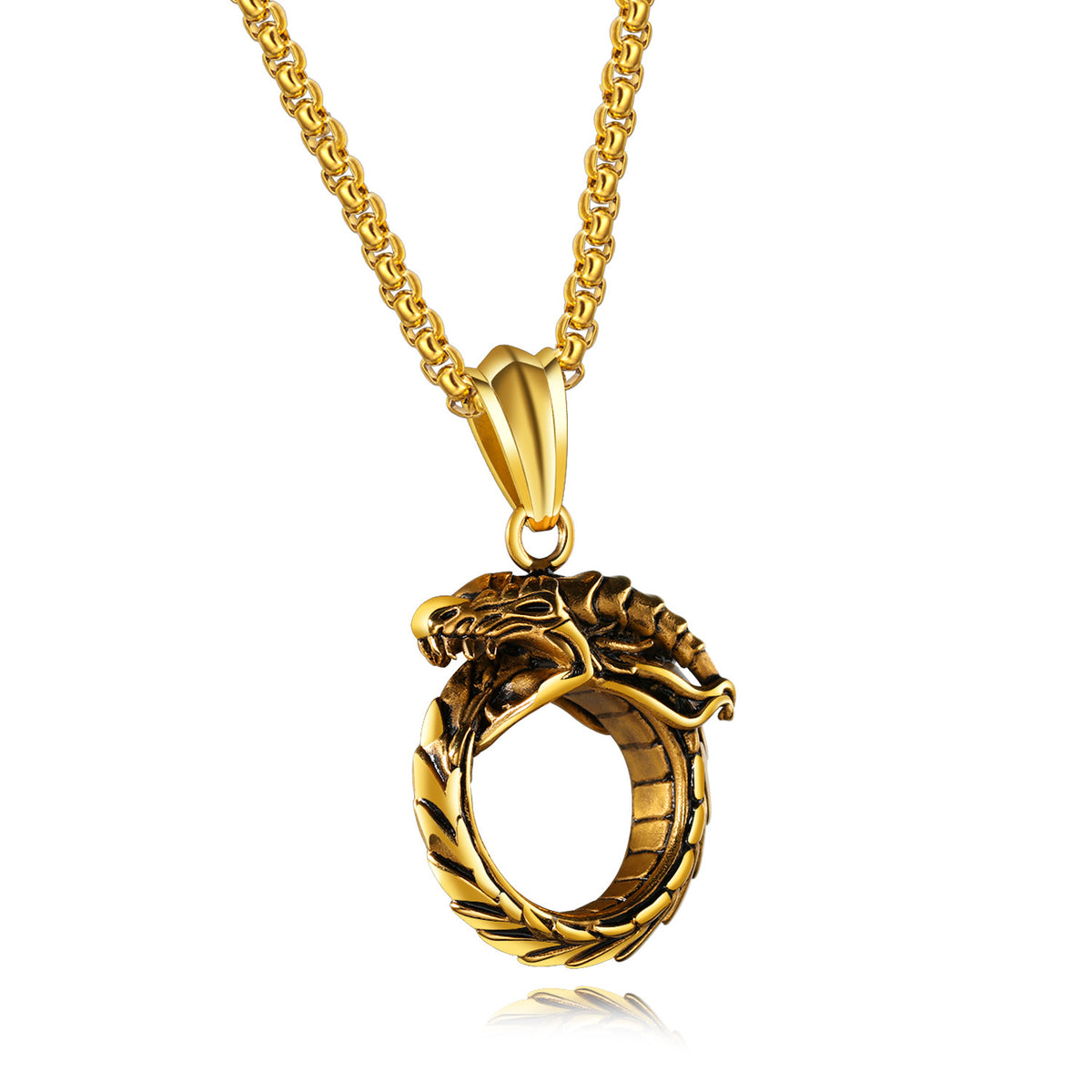 Gold finish Ouroboros dragon circular pendant and chain