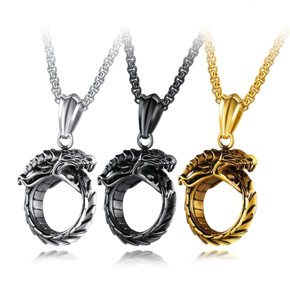 Ouroboros Dragon Eating Tail Stainless Steel Pendant and Chain