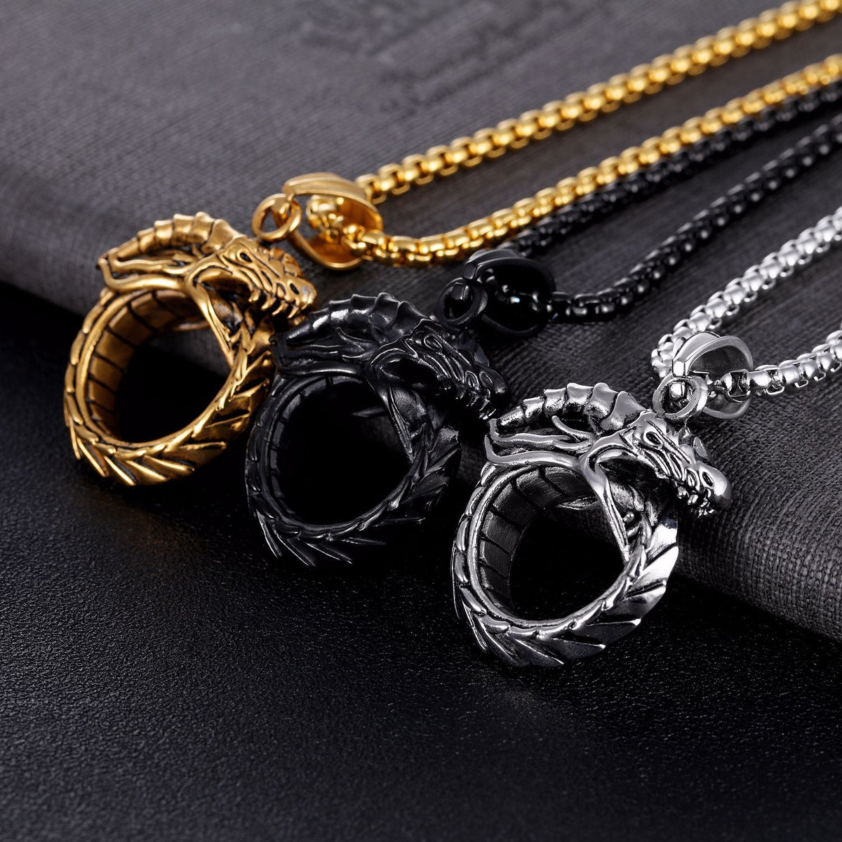 Ouroboros titanium steel dragon necklaces in black, gold and silver finishes