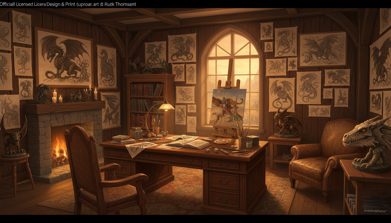 dragon fantasy art studio with dragon drawings on the walls and fireplace inspired by ruth thompson illustrations