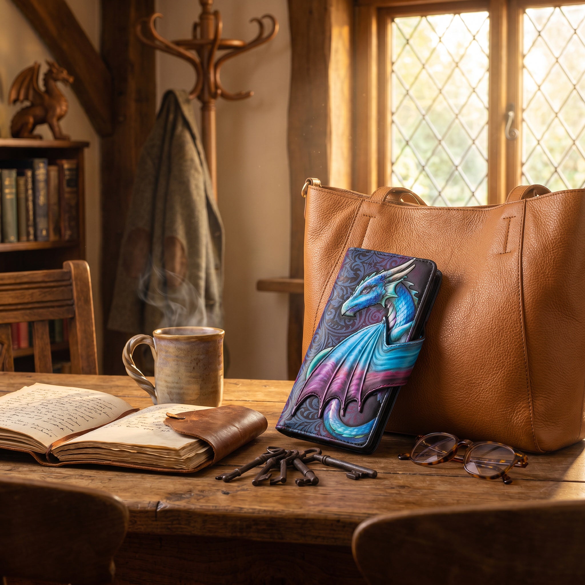 Take Flight Blue Dragon Purse displayed beside a leather handbag on a rustic timber table in a warm fantasy cottage.