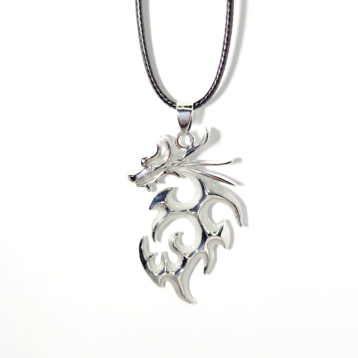 Non GLowing tribal flame dragon necklace featuring intricate swirling dragon design