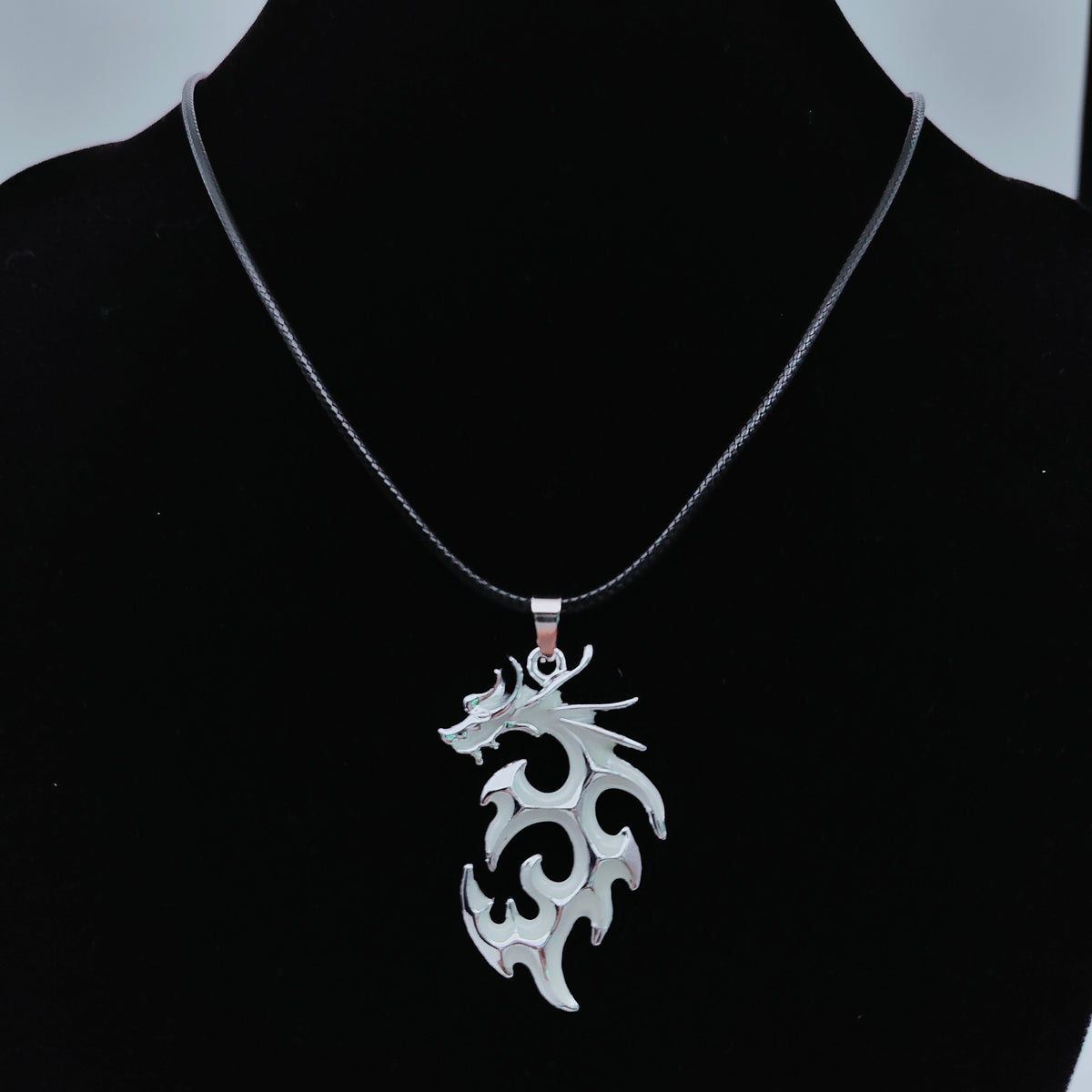 Non GLowing tribal flame dragon necklace featuring intricate swirling dragon design