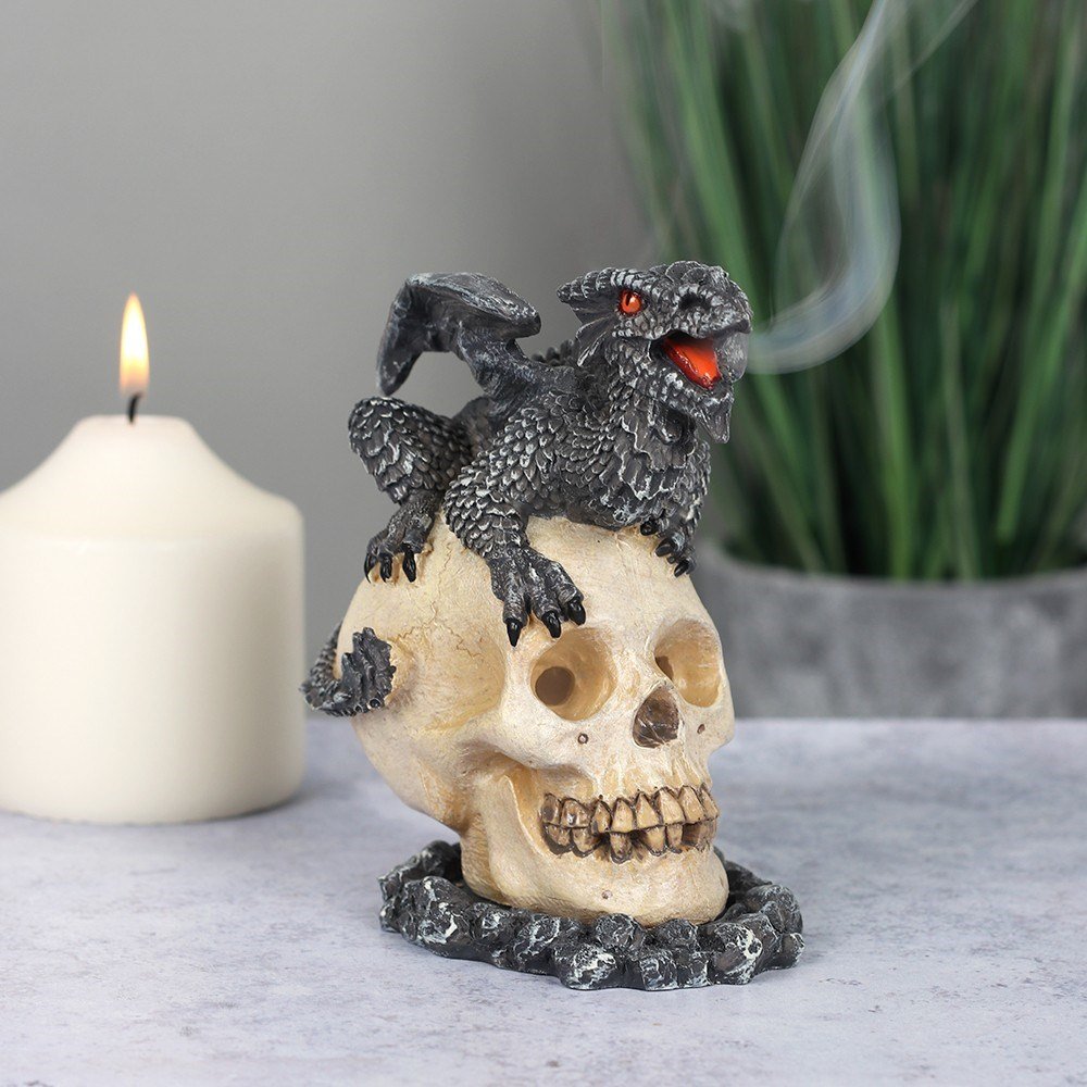 Black Dragon and Skull Incense Burner by Anne Stokes