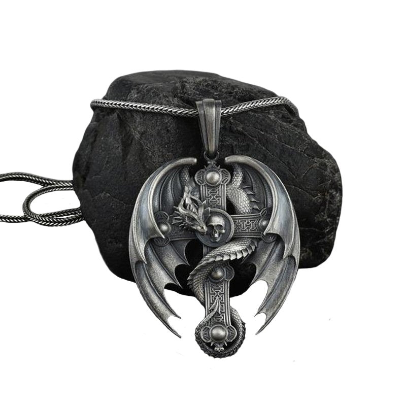 Vintage Alloy Dragon Skull Cross Pendant