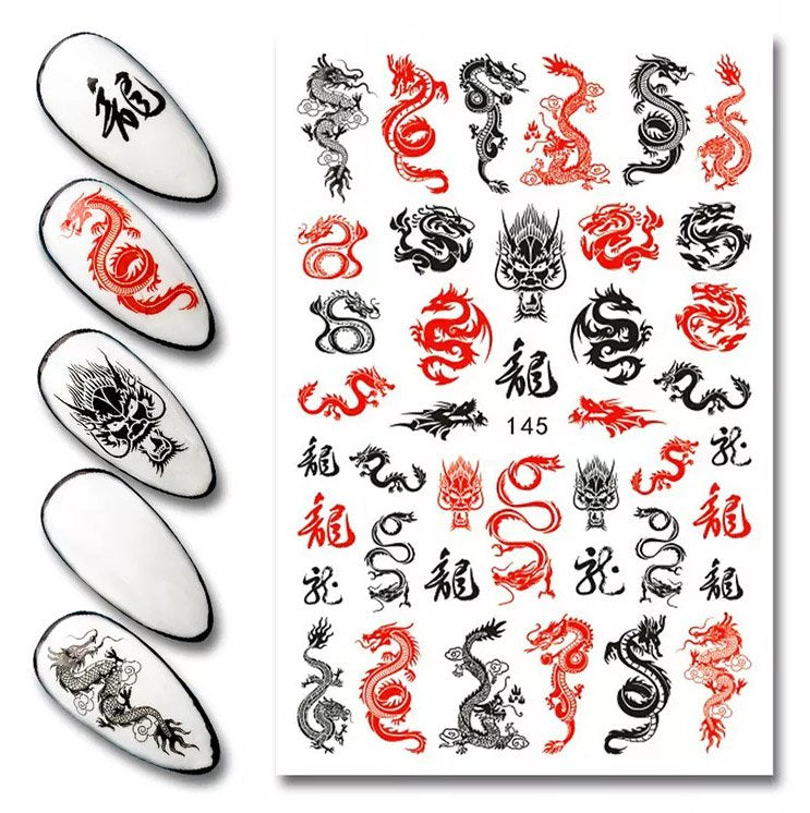 Finger Nail Art Tribal Chinese Dragon Stickers Red/Black