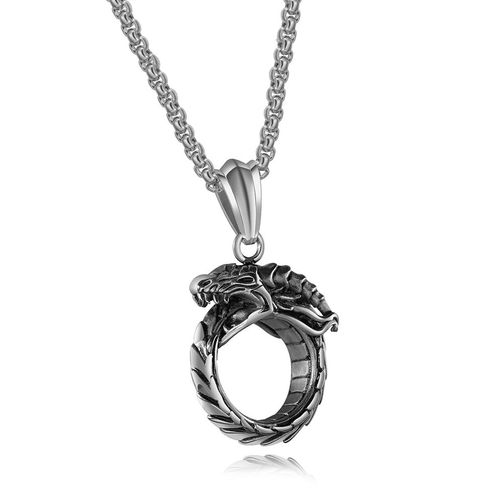 Silver Ouroboros dragon necklace with detailed circular dragon body